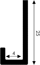 Technische Zeichnung eines rechtwinkligen Winkels, Bemaßung: Vertikal 25 Einheiten, Horizontal 4 Einheiten