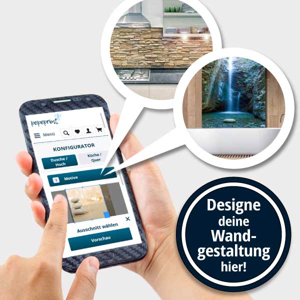 Hände halten ein Smartphone mit einer App zur Wandgestaltung. Zwei Beispielbilder zeigen eine Natursteinwand und einen Wasserfall als Optionen. Text im Kreis: "Designe deine Wandgestaltung hier!"
