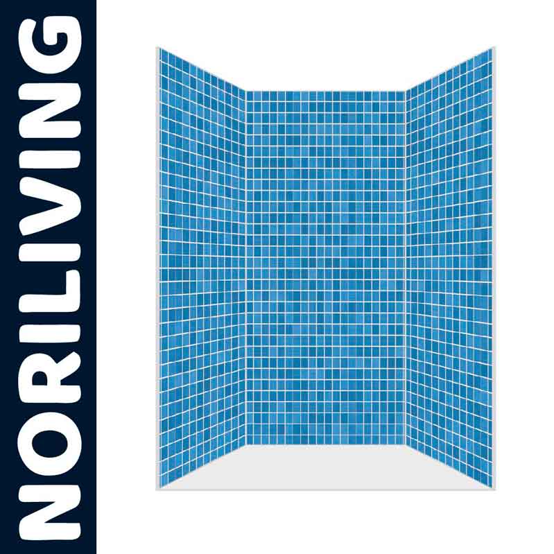 Mosaik-Duschabtrennung in Blau mit Noriliving-Logo