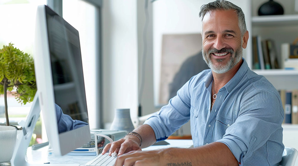 Ein lächelnder Mann in einem blauen Hemd sitzt an einem Schreibtisch und arbeitet an einem Computer, umgeben von Pflanzen und Büchern.