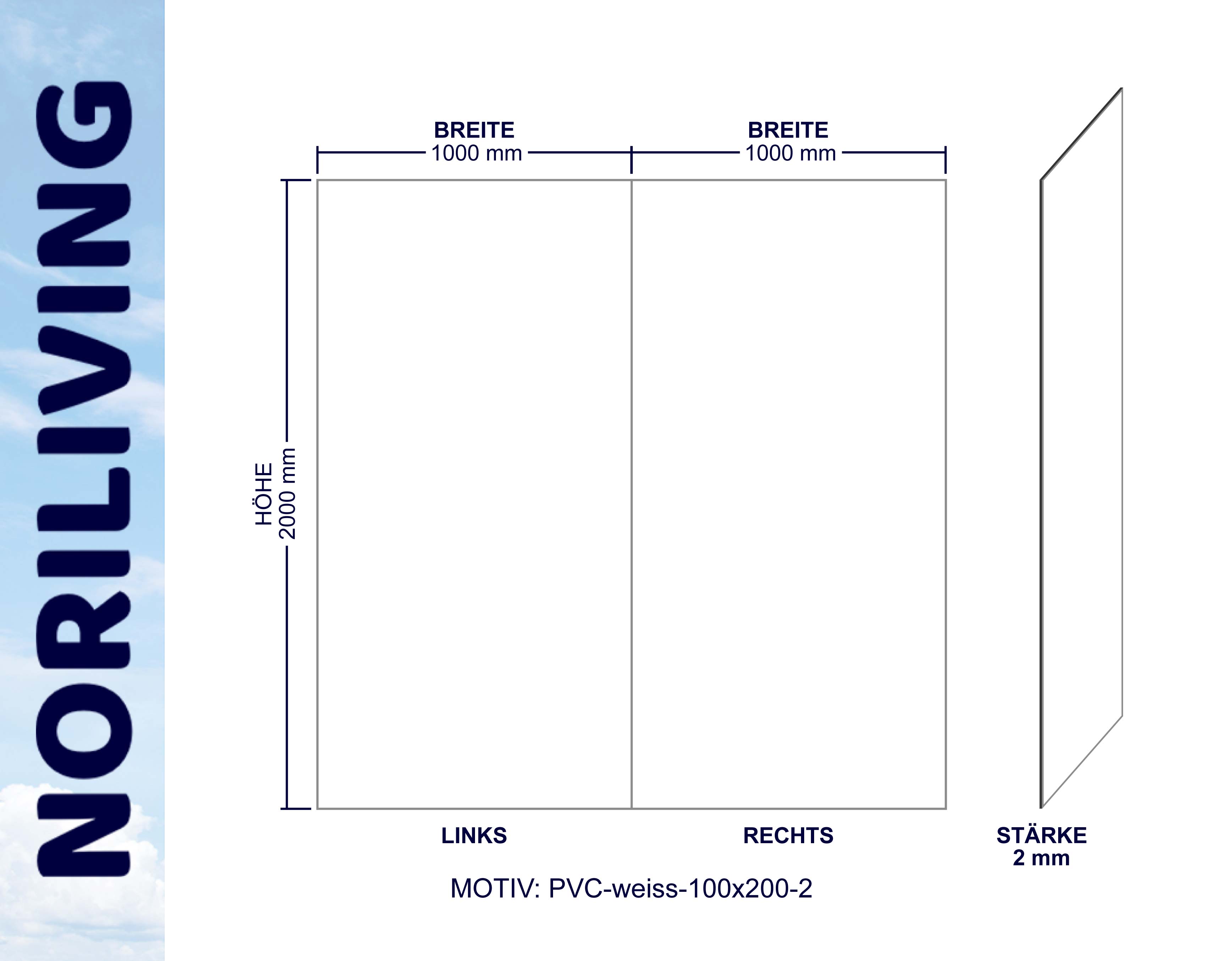 Technische Zeichnung einer PVC-Platte mit Maßen 2000 mm Höhe, 1000 mm Breite, 2 mm Stärke. Noriliving Branding auf der linken Seite.
