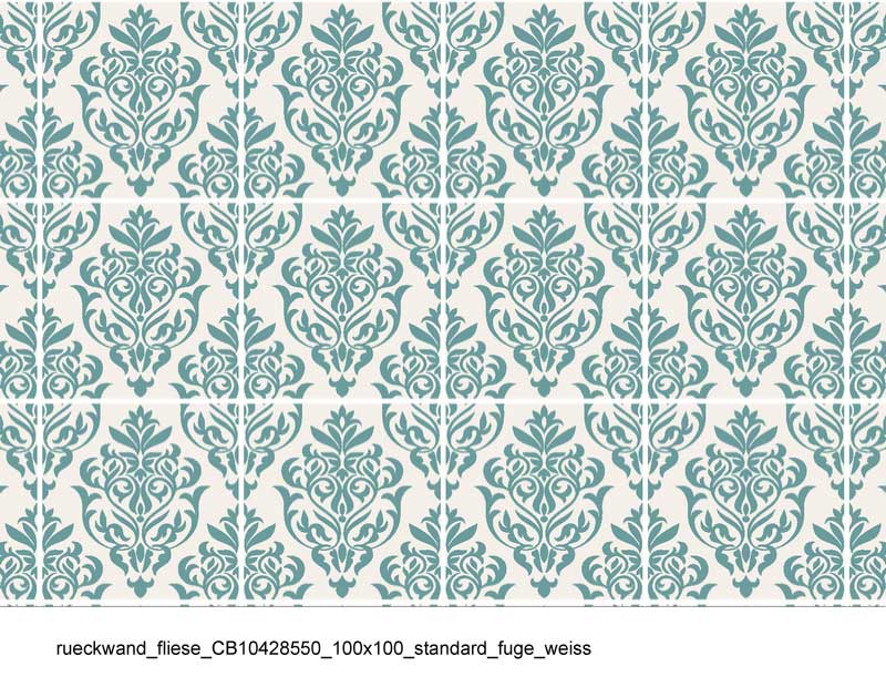 Nahaufnahme von stilvollen Rückwandfliesen mit symmetrischem, blauem Muster auf weißem Hintergrund, ideal für elegante Wohnräume oder Küchen.