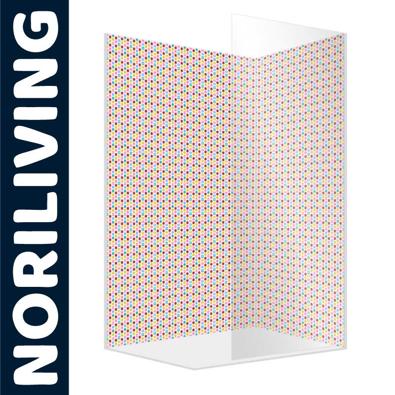 Duschtrennwand von NORILIVING mit farbenfrohem Punktmuster, ideal für modernes Bad