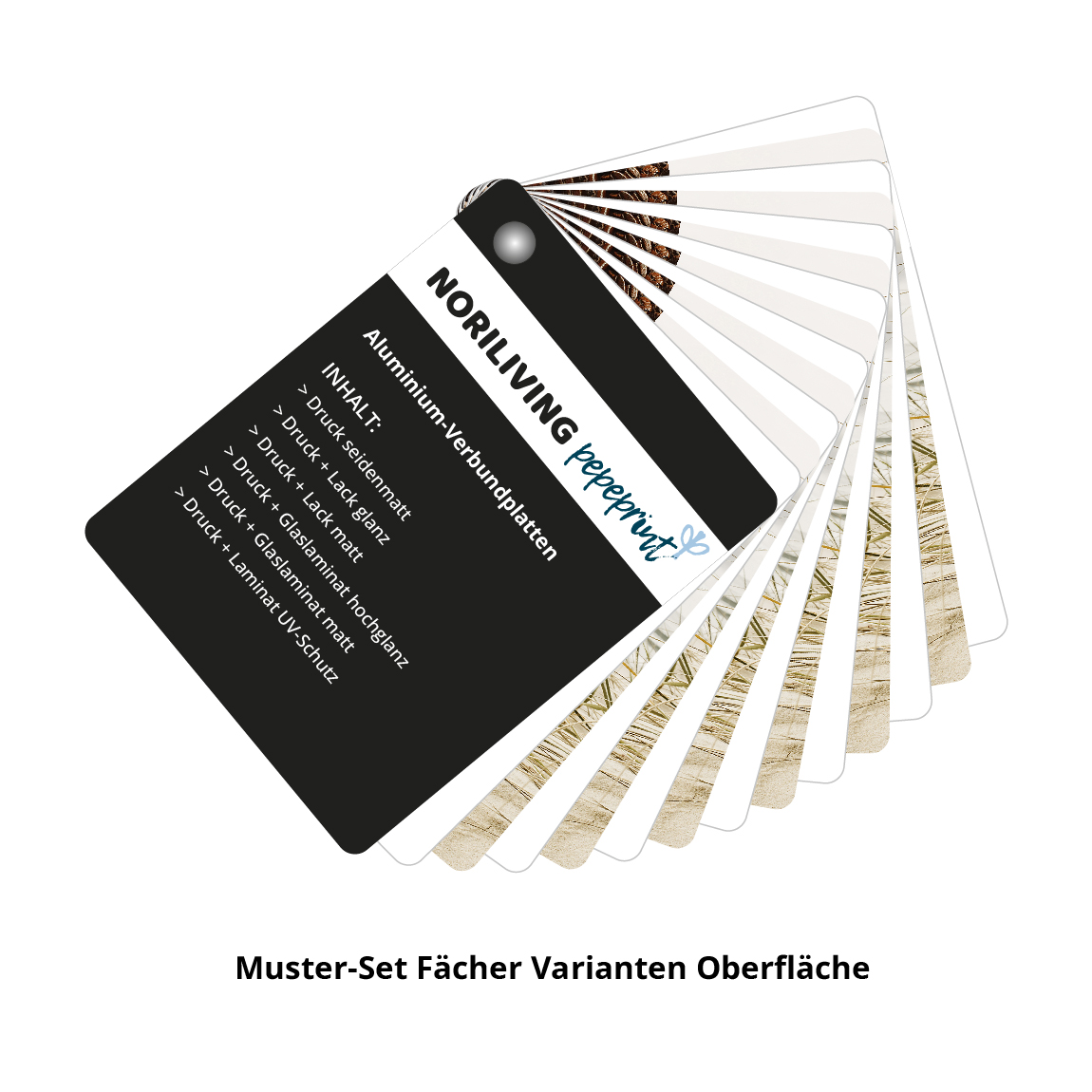 Fächer mit verschiedenen Oberflächenmustern von Aluminium-Verbundplatten, einschließlich Druck seidenmatt und Glanzoptionen.