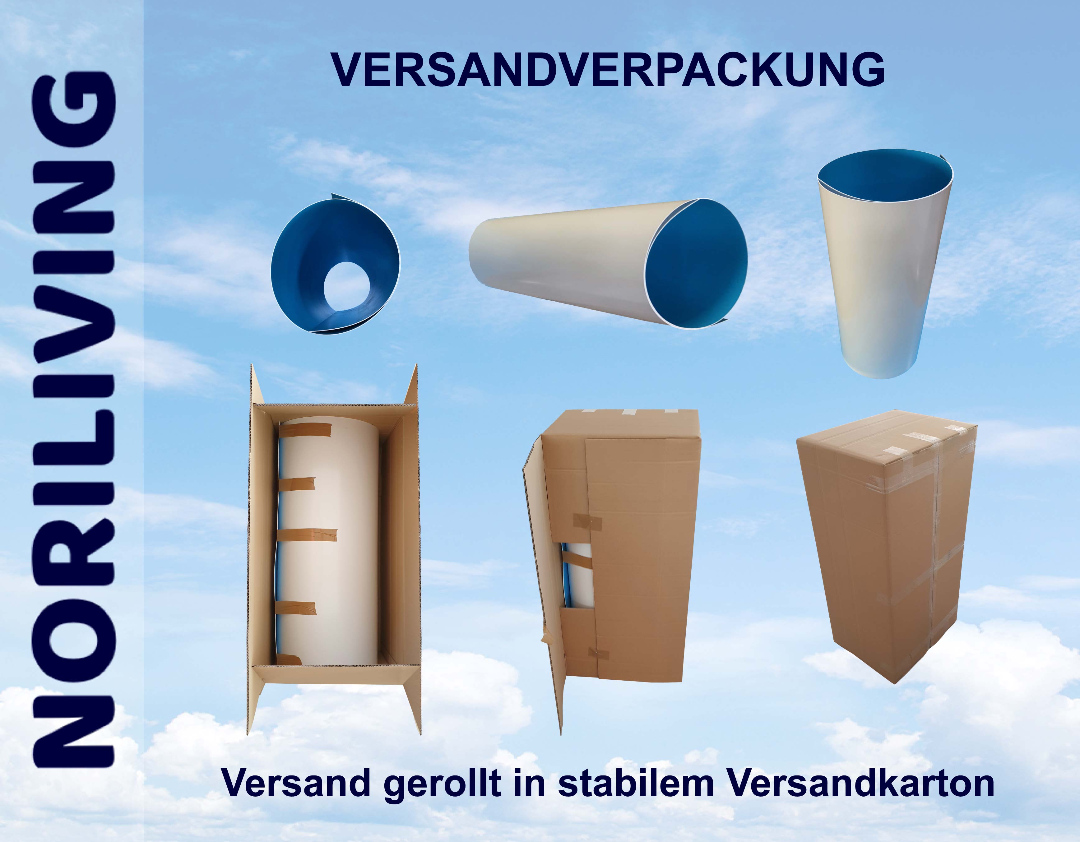 Darstellung der Versandverpackung von Noriliving mit gerolltem Inhalt in stabilem Versandkarton vor blauem Himmel.