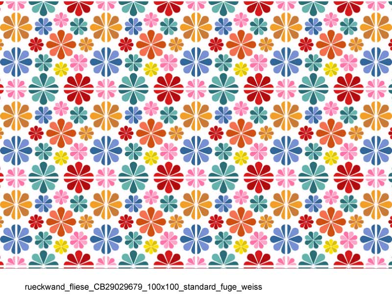 Fliesen mit buntem Retro-Blumenmuster in verschiedenen Farben als Wandverkleidung