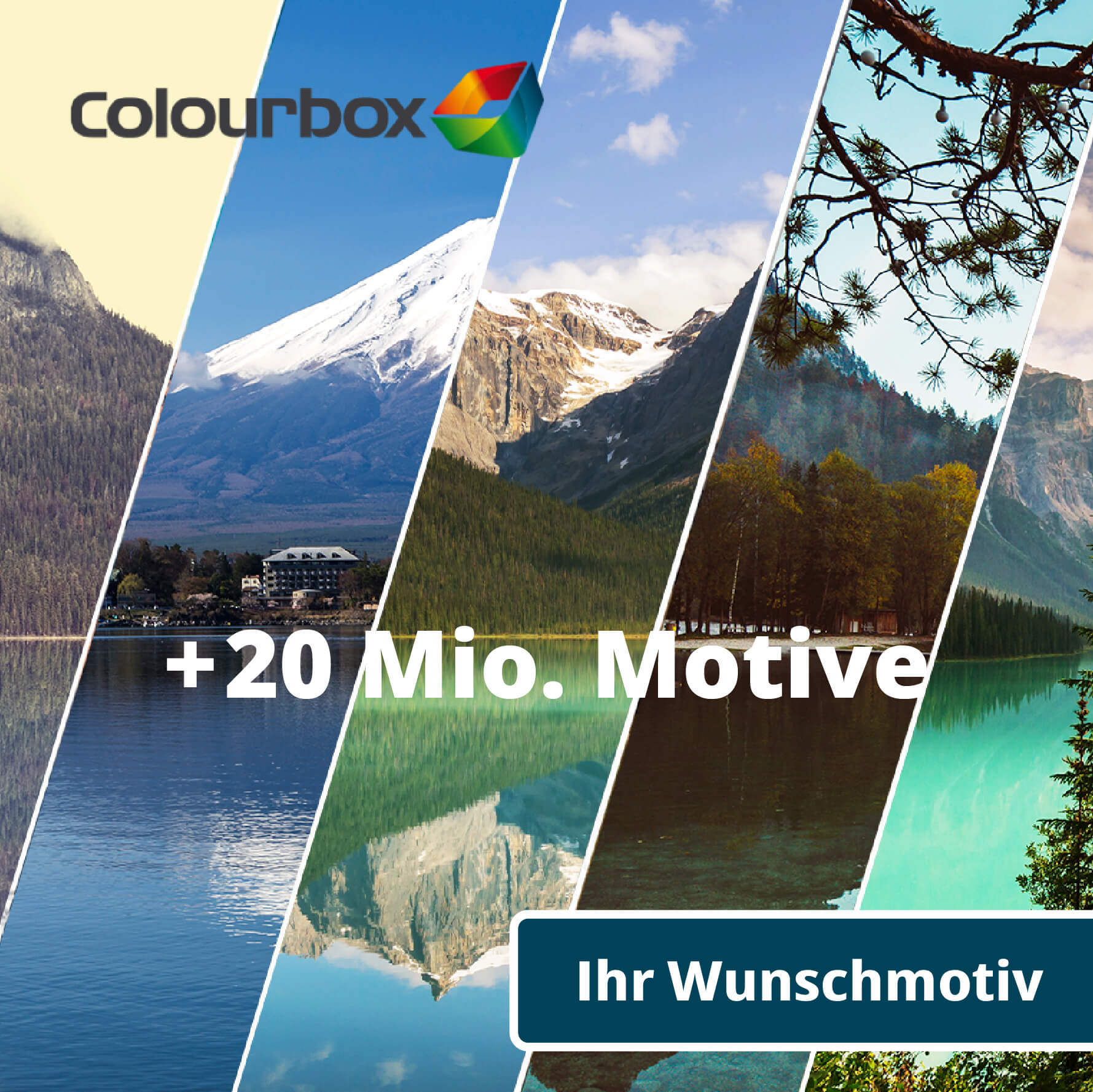 Mehrere Landschaftsfotos, die Berge und Seen darstellen, mit dem Colourbox-Logo und dem Hinweis auf über 20 Millionen Motive