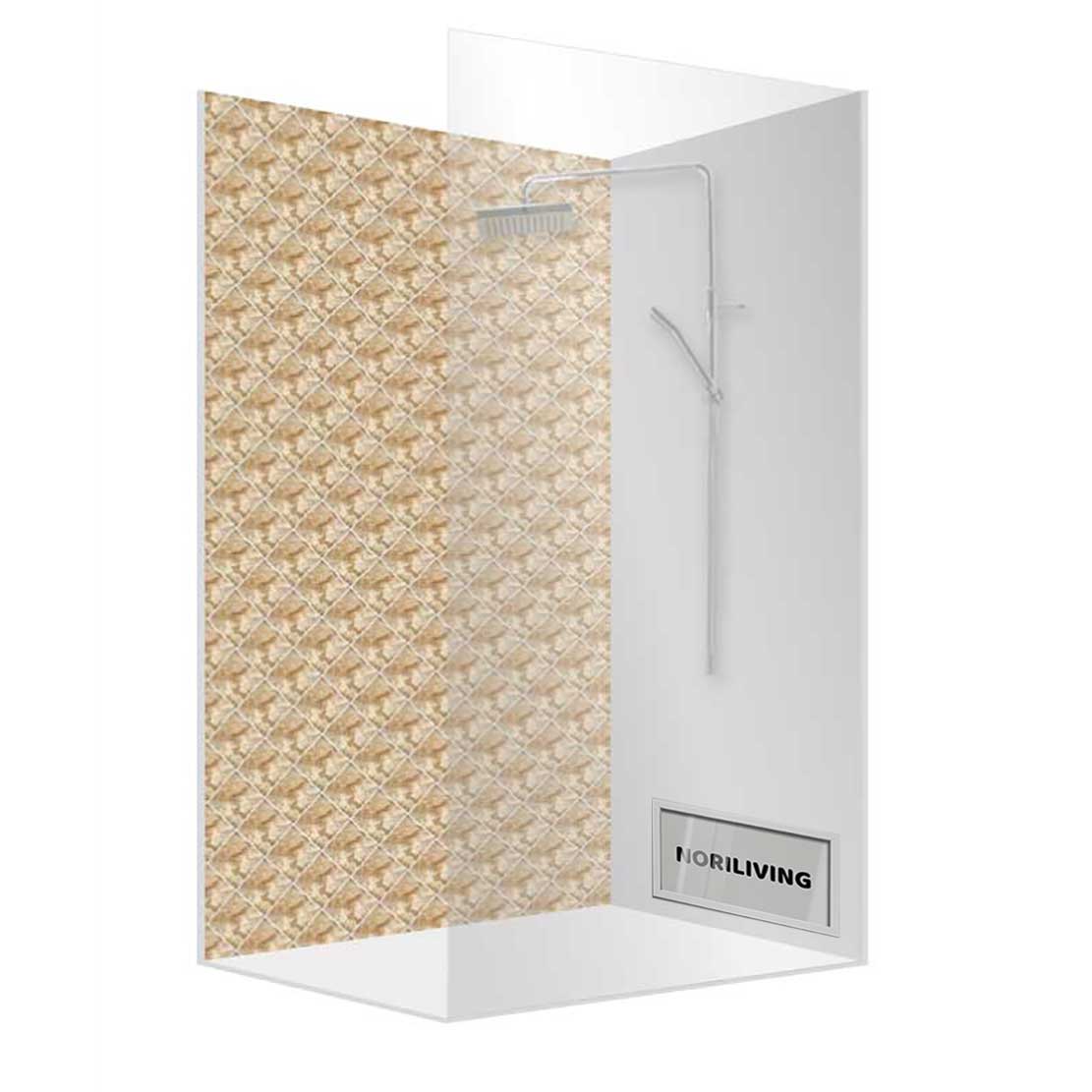 Duschabtrennung mit geometrischem Muster und schicker Wandhalterung