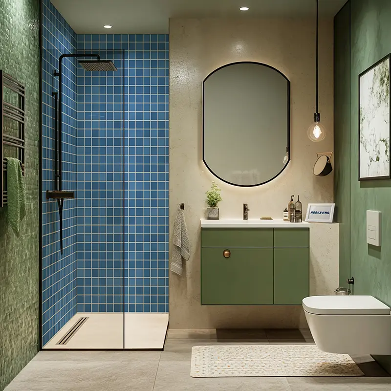 Dusche mit blauen Kacheln, schwebendes WC und Spiegel