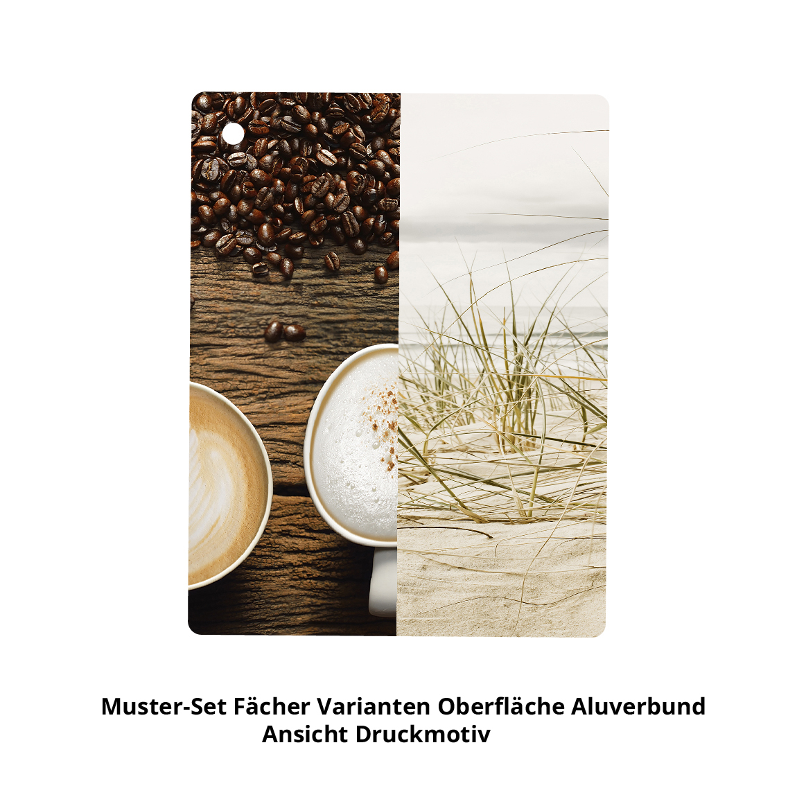 Muster-Set für Fächer in Aluverbund zeigt Kaffeebohnen und Strandmotiv