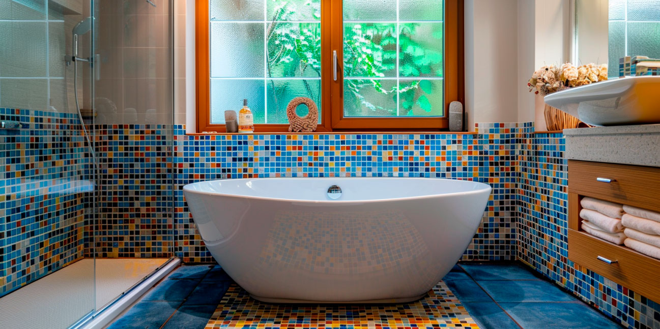 Ein Badezimmer mit einer freistehenden Badewanne vor einer Mosaikfliesenwand und einem Fenster, das Tageslicht hereinlässt.
