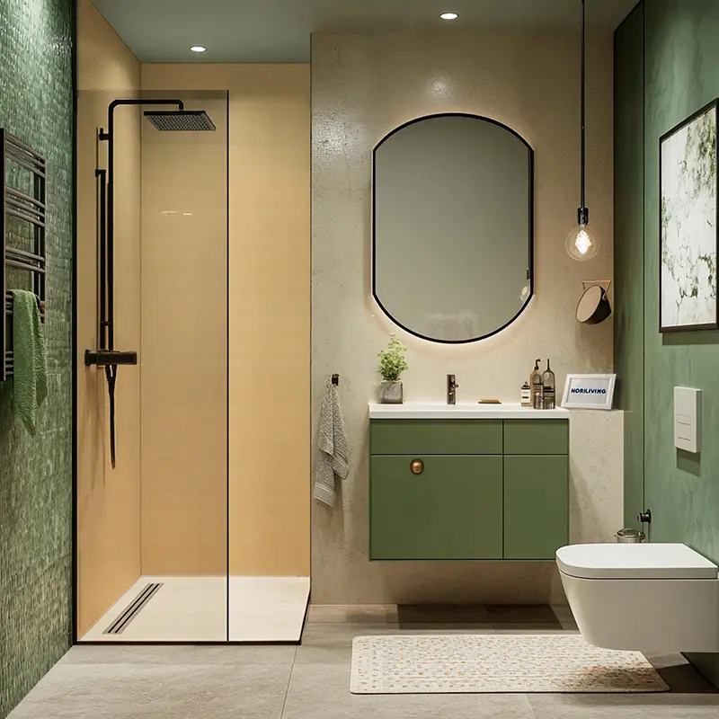 Elegantes Bad mit Walk-In-Dusche, grünem Waschbecken