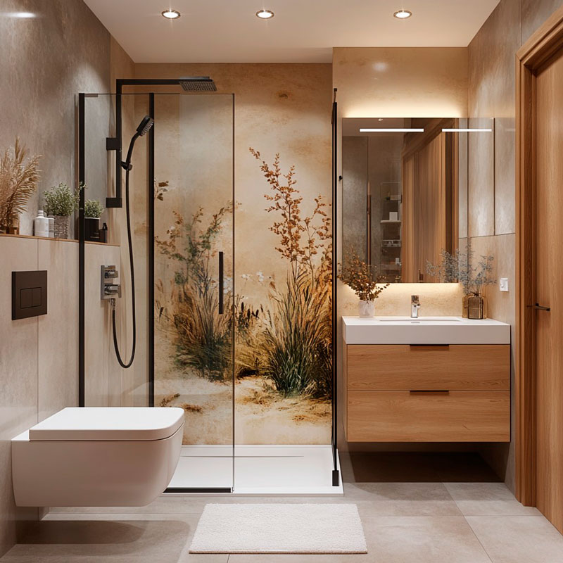 Modernes Badezimmer mit Naturtapete hinter der Duschkabine, schwebendem Waschtisch und Holzakzenten.